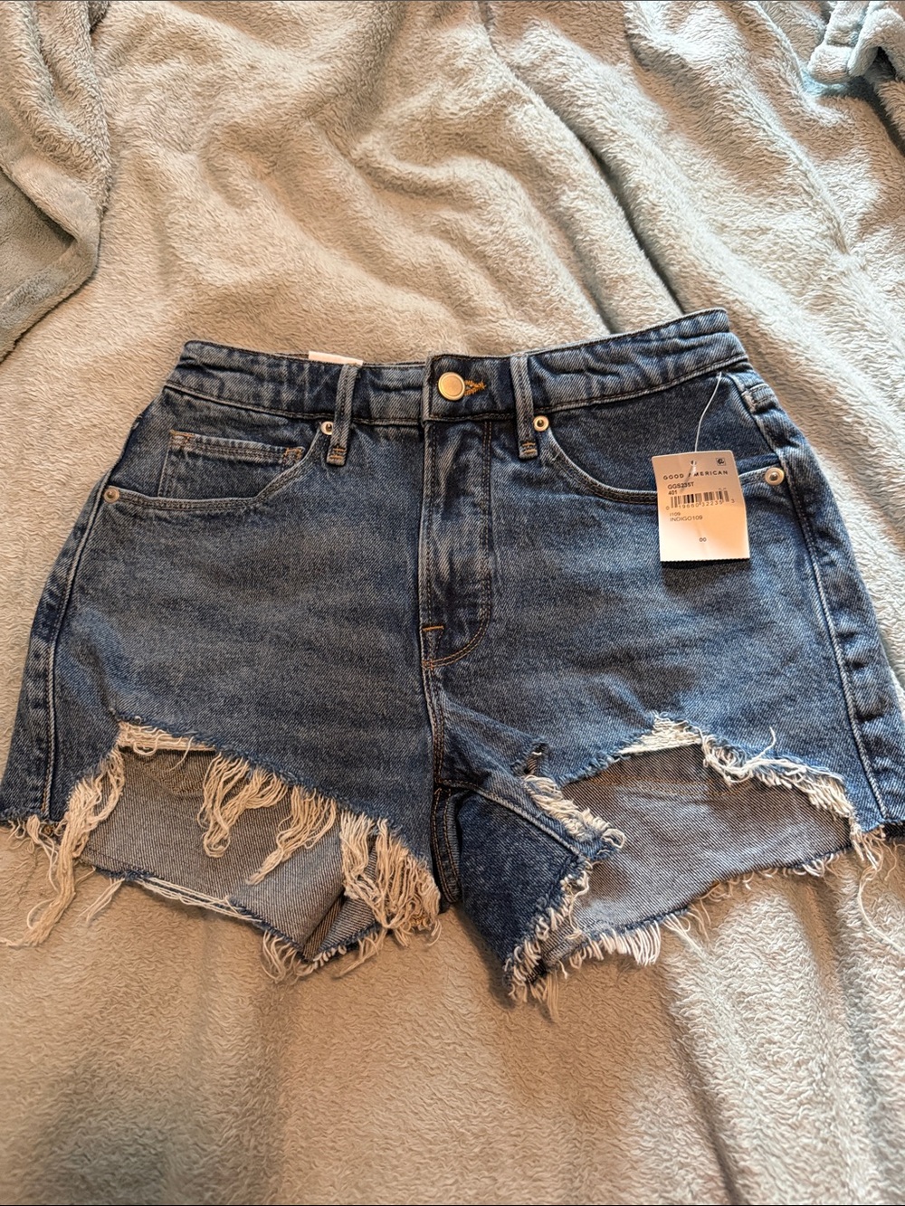 Good American Distressed Blue Denim Jean Shorts